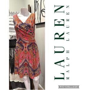 Lauren Ralph Lauren Size Medium Multicolor Paisley Print Surplice Stretch Dress